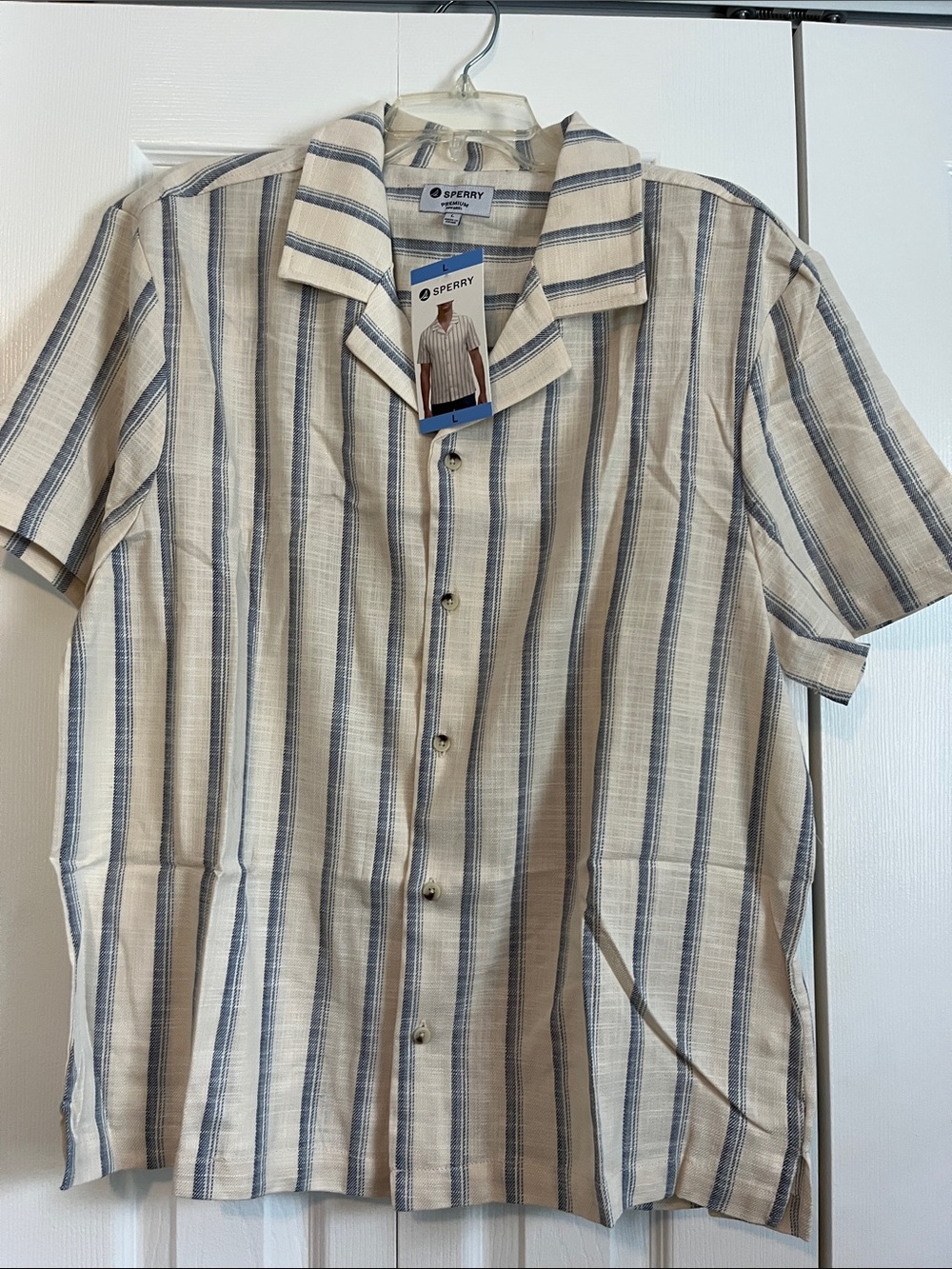 Sperry Men’s Short-Sleeve Button-Down Striped Shirt in Beige and Navy